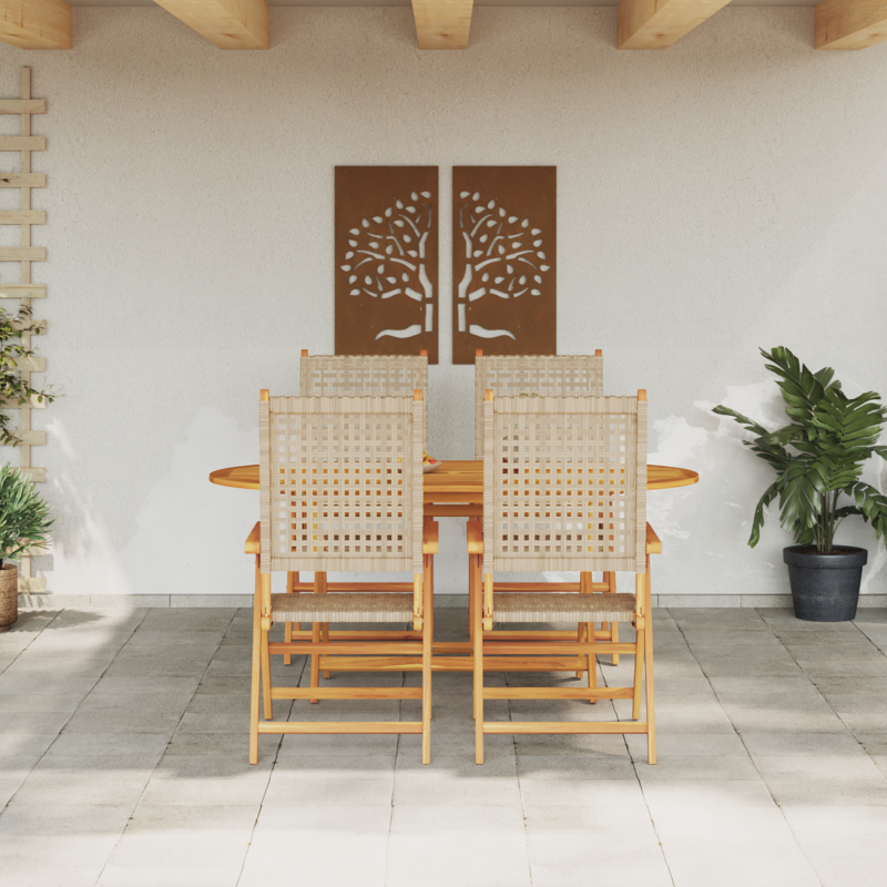 5-teiliges Gartentisch-Set in Beige aus massivem Akazienholz und Poly-Rattan