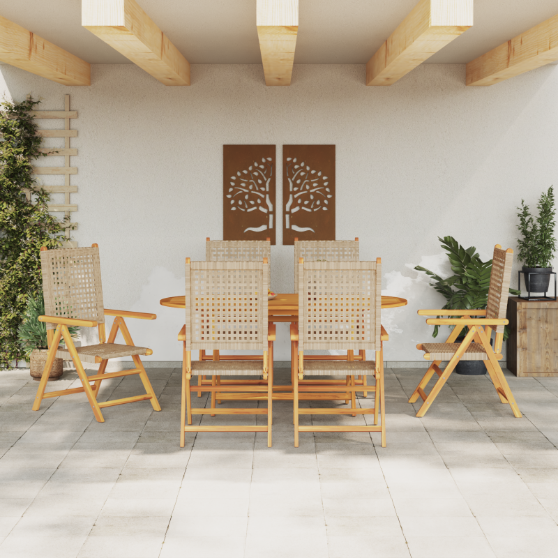 7-teiliges Garten-Ess-Set in Beige aus massivem Akazienholz und Poly-Rattan