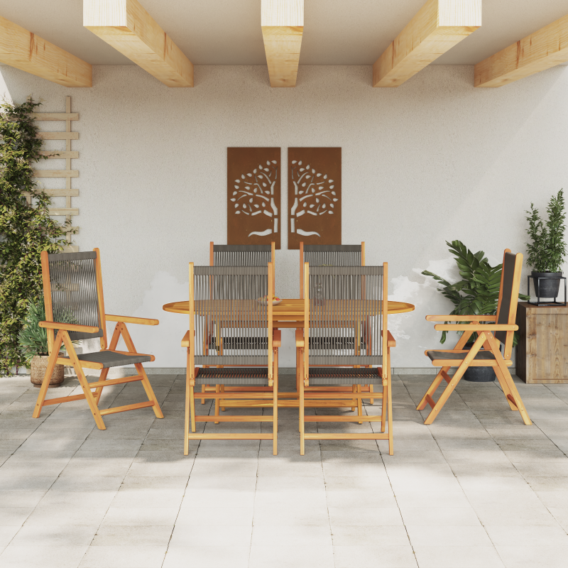 7-teiliges Garten-Esszimmer-Set in Grau aus massivem Akazienholz und Polyrattan