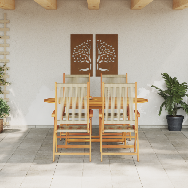 5-teiliges Garten-Esszimmer-Set in Beige aus massivem Akazienholz und Poly-Rattan