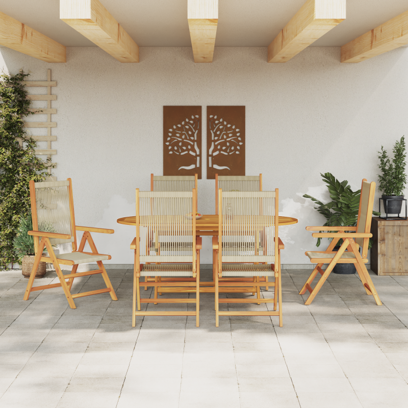 7-teiliges Gartentischset in Beige aus massivem Akazienholz und Poly-Rattan