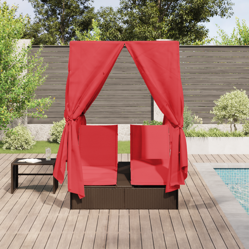 Doppelte Sonnenliege Set aus 2 Braun und Rot Rattan und Polyester