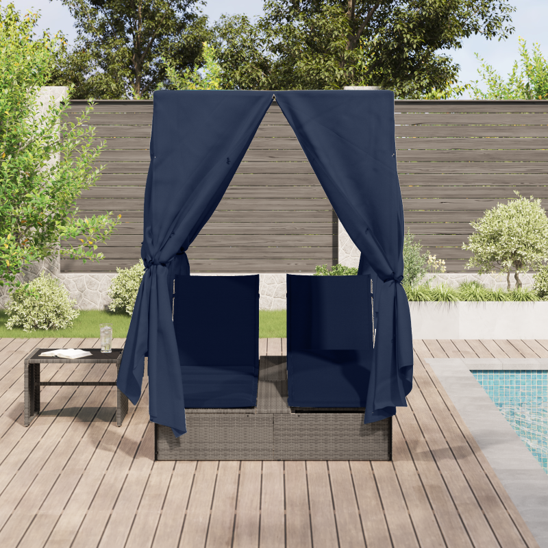 Doppelliege Set aus 2 Grau und Marineblau Rattan Groß