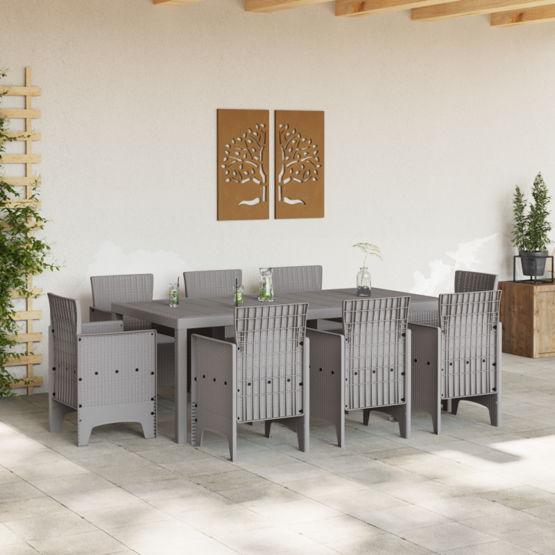9-teiliges Garten-Essgroup mit Kissen in hellgrau aus Poly-Rattan