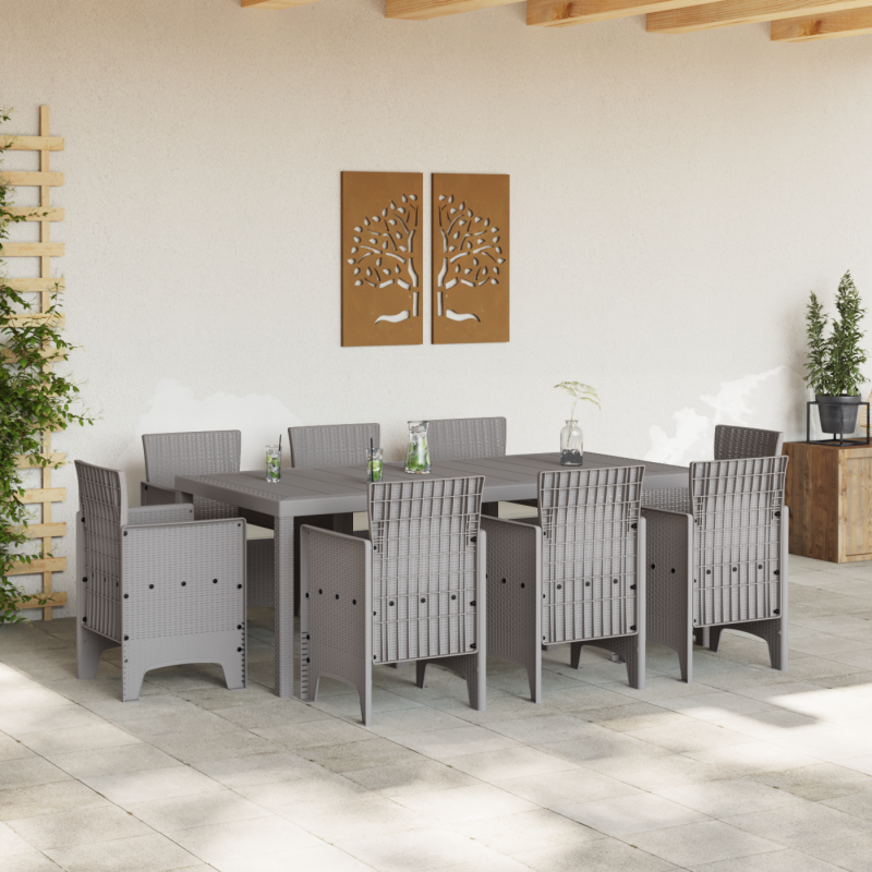 9-teiliges Garten-Essgruppe mit Kissen Hellgrau Poly-Rattan