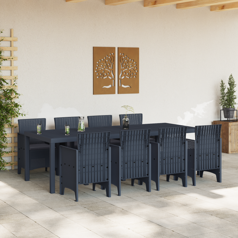 9-teiliges Garten-Esszimmer-Set mit Kissen Anthrazit Poly-Rattan