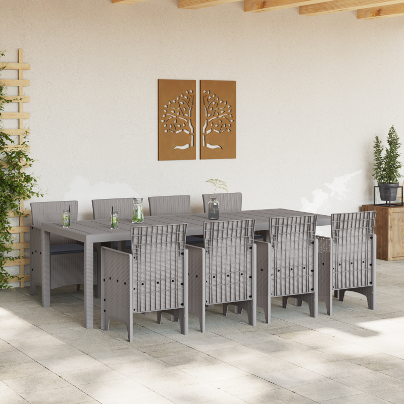 9-teiliges Garten Essset mit Kissen Weiß Poly Rattan