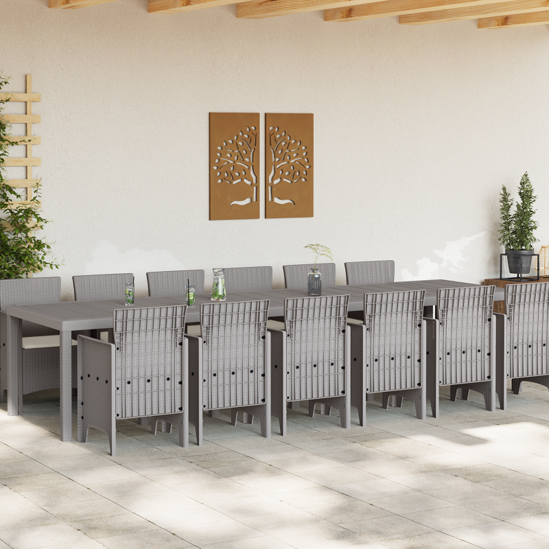 13-teiliges Garten Essgruppe mit Kissen Hellgraues Poly-Rattan, Gartentisch Hellgrau 200x100x73 cm Poly-Rattan, Gartentisch Hellgrau 150x100x73 cm Poly-Rattan, Gartenstühle mit Kissen 4er Set Hellgrau Poly-Rattan