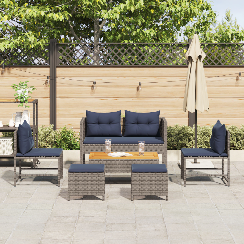 Outdoor-Sofa-Set Grau und Marineblau Rattan mit Metallrahmen