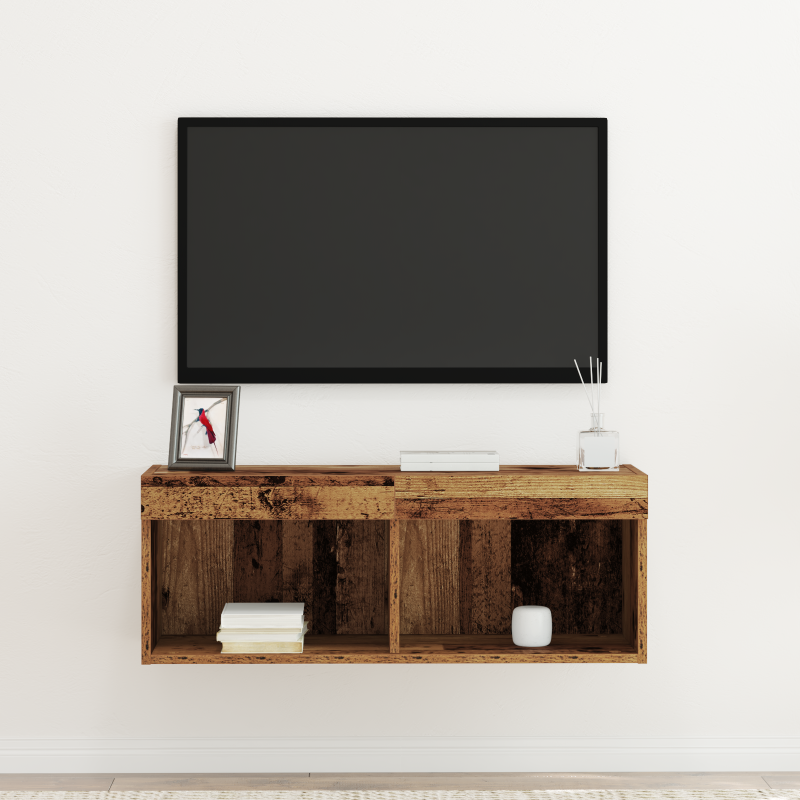 TV-Wandregal mit LED-Lichtern aus altem Holz 80x30x30 cm