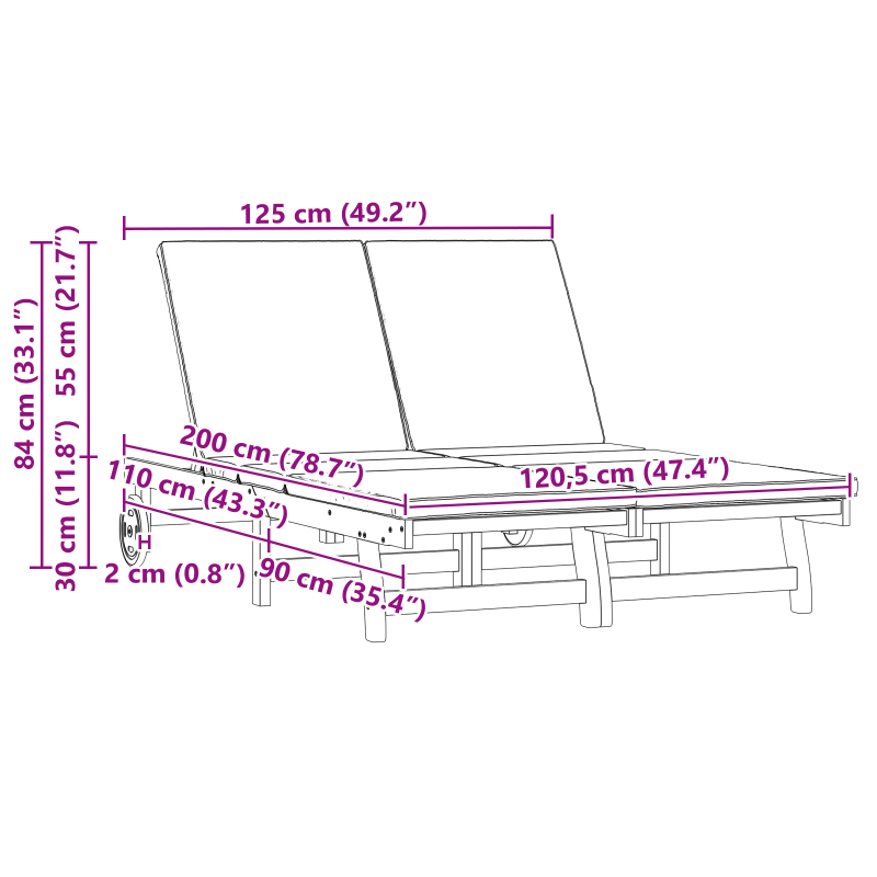 Doppel-Sonnenliege mit Rollen und Kissen aus massivem Akazienholz