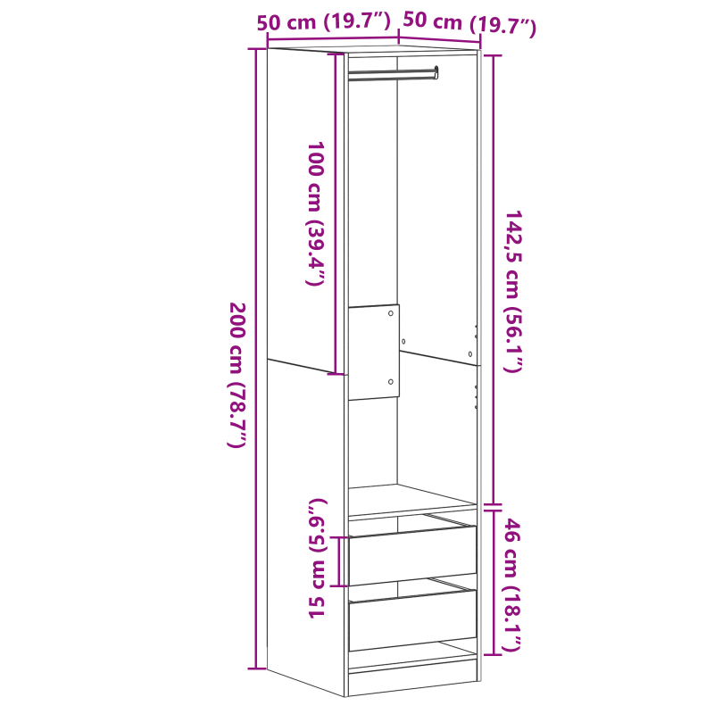 Kleiderschrank in Schwarz, Eiche, 50x50x200 cm aus Holzwerkstoff