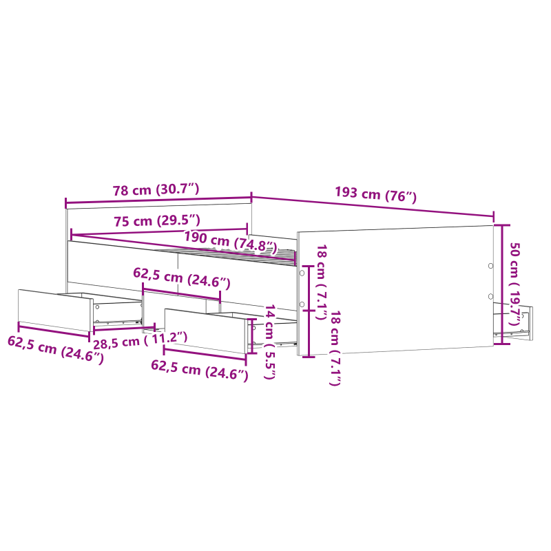 Bettgestell ohne Matratze Artisan Eiche 75x190 cm Holzwerkstoff