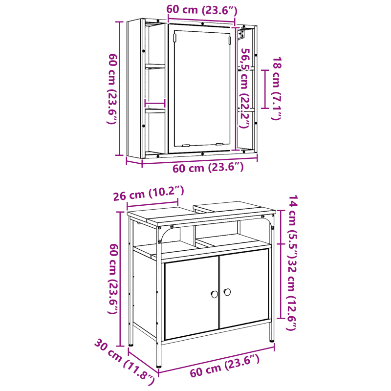 2-teiliges Badezimmermöbel-Set aus altem Holzwerkstoff