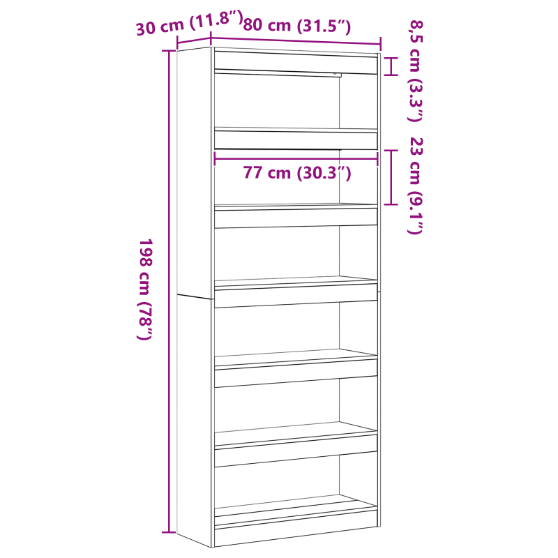 schwarzes Eichenregal Schwarzeiche Holzwerkstoff 80 x 30 x 198 cm