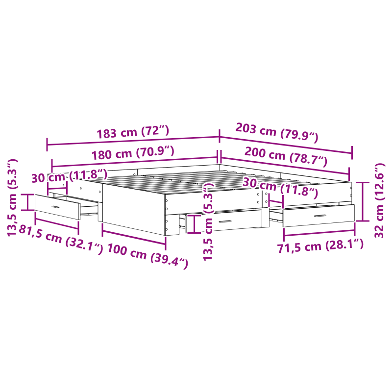 Bettgestell mit Schubladen Schwarz Eiche 180x200 cm Ingenieurholz
