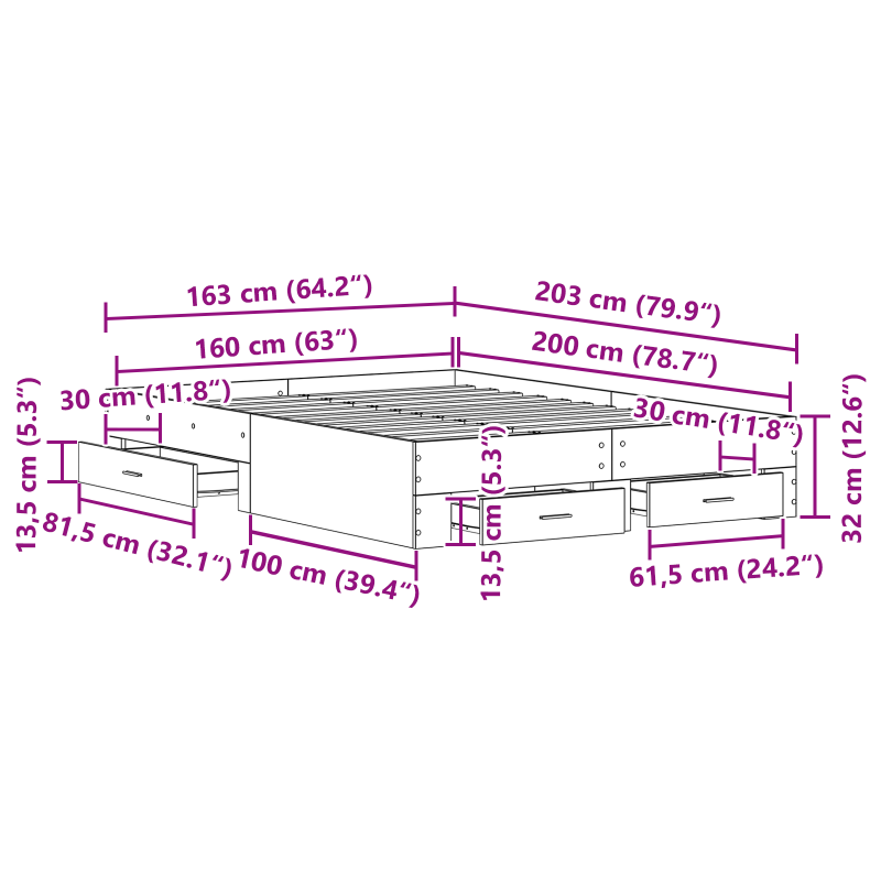 Bettgestell mit Schubladen Altholz Holzwerkstoff 160 x 200 cm