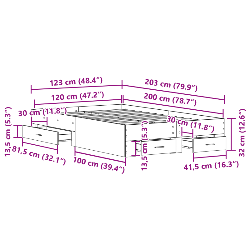 Bettgestell mit Schubladen Artisan Eiche 120x200 cm Holzwerkstoff