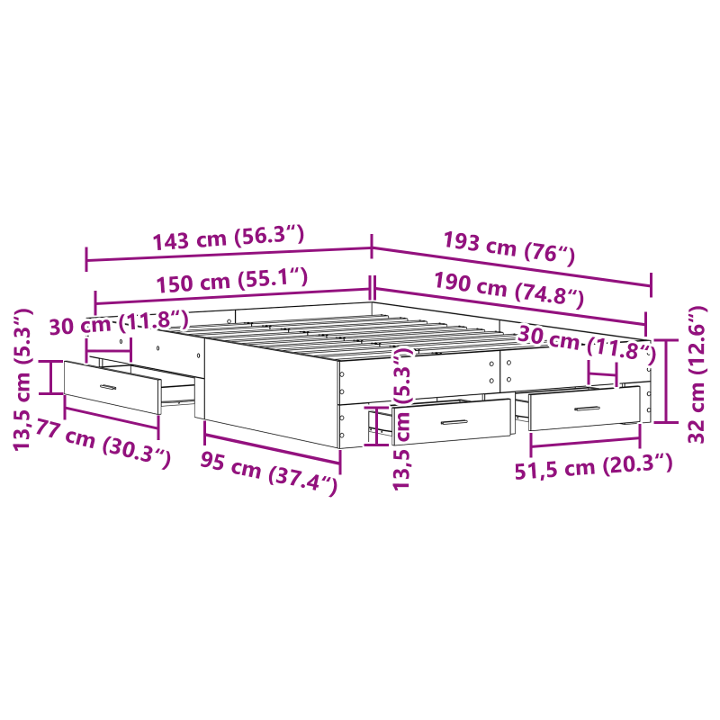 Bettgestell mit Schubladen Eiche Holzwerkstoff 140 x 190 cm