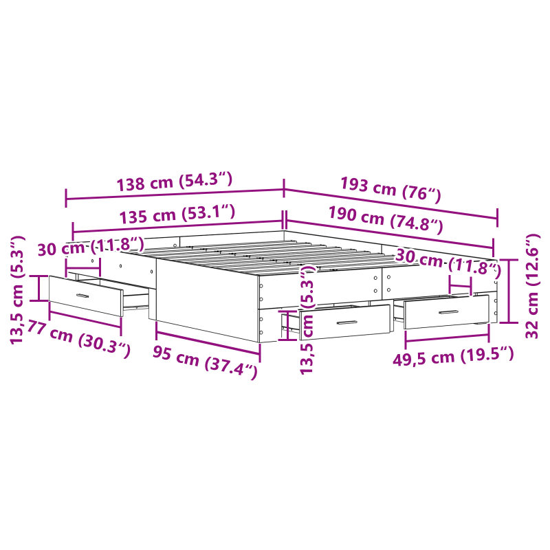 Bettgestell mit Schubladen Artisan Eiche 135x190 cm Holzwerkstoff