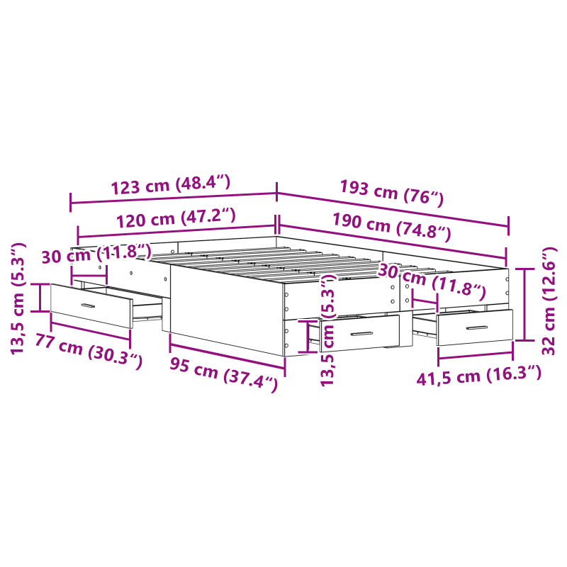 Bettgestell mit Schubladen Schwarze Eiche 120x190 cm Holzwerkstoff