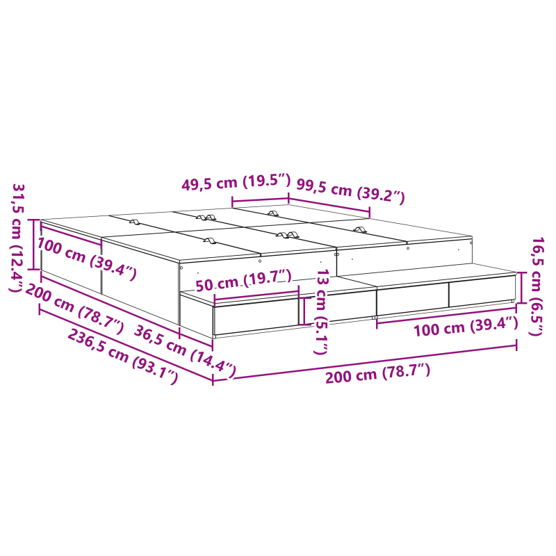 Bettgestell mit Stauraum Schwarz Eiche 200x200 cm