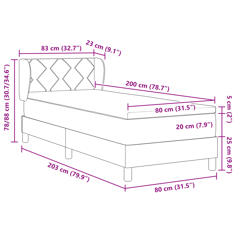 Boxspringbett mit Matratze in Rosa, 80x200 cm, aus Samt