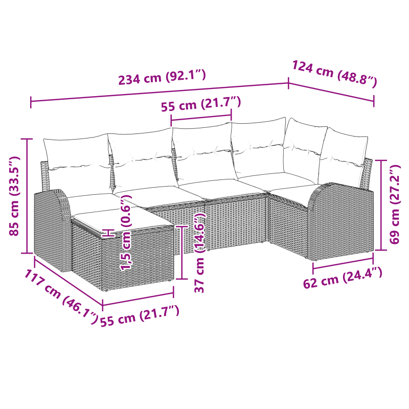 5-teiliges Garten Sofa Set mit Kissen Schwarz Poly Rattan