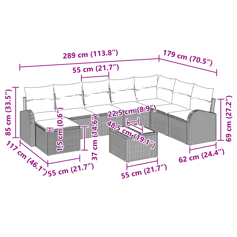 6-teiliges Garten Sofa Set mit Kissen Schwarz Poly Rattan