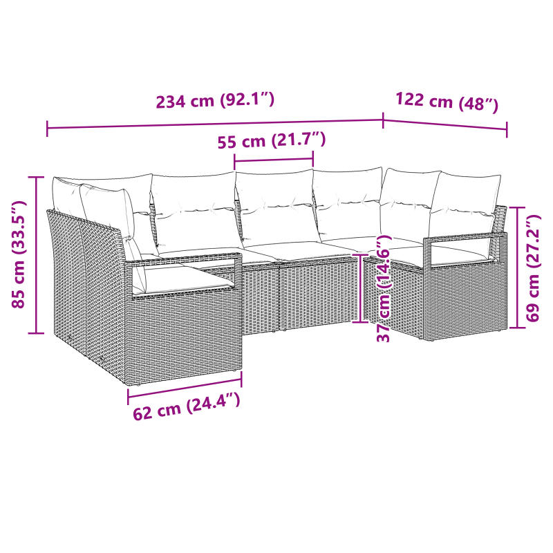 6-teiliges Garten Sofa Set mit Kissen Braun Poly Rattan