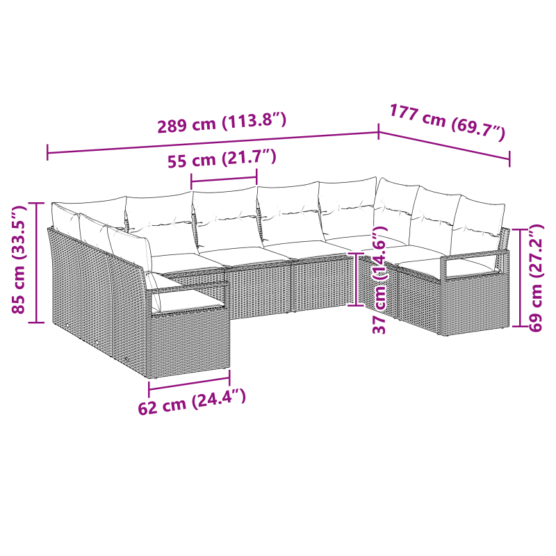 9-teiliges Garten-Sofa-Set mit Kissen - Schwarzes Poly-Rattan