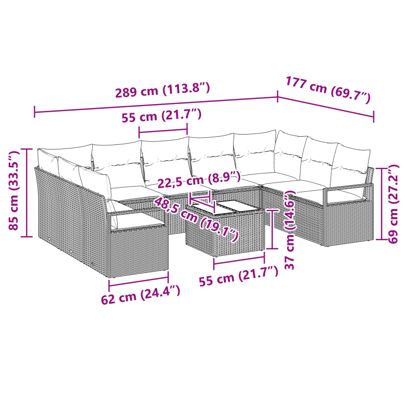 9-teiliges Garten-Sofaset mit Kissen Grau Poly Rattan