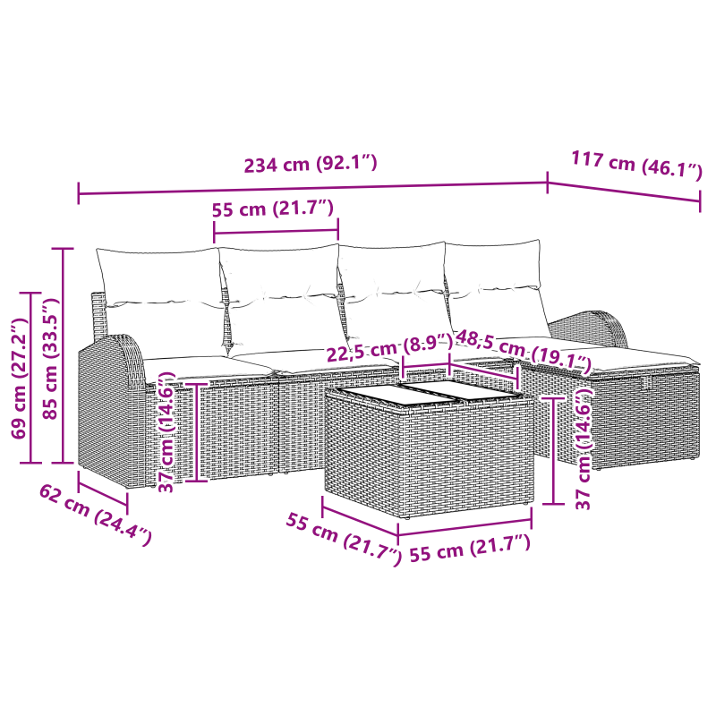 7-teiliges Garten-Sofa-Set mit Kissen Schwarz Poly-Rattan