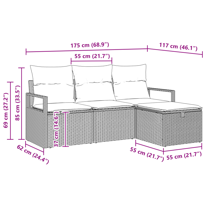 4-teilige Garten Sofa Set mit Kissen Braun Poly Rattan