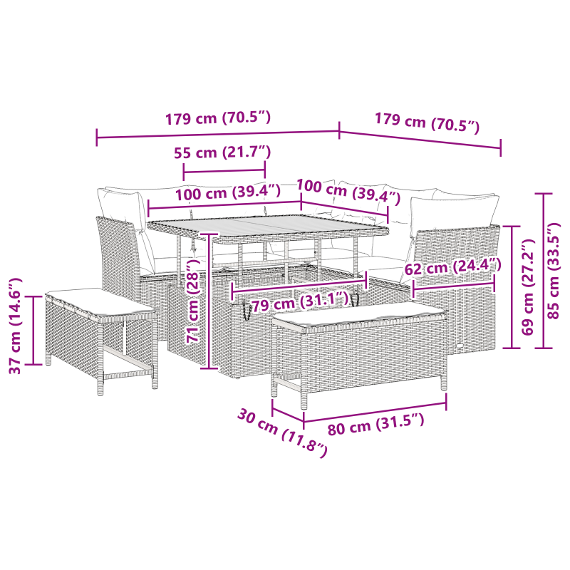 8-teilige Garten Sofagarnitur mit Kissen Beige Poly Rattan Akazie