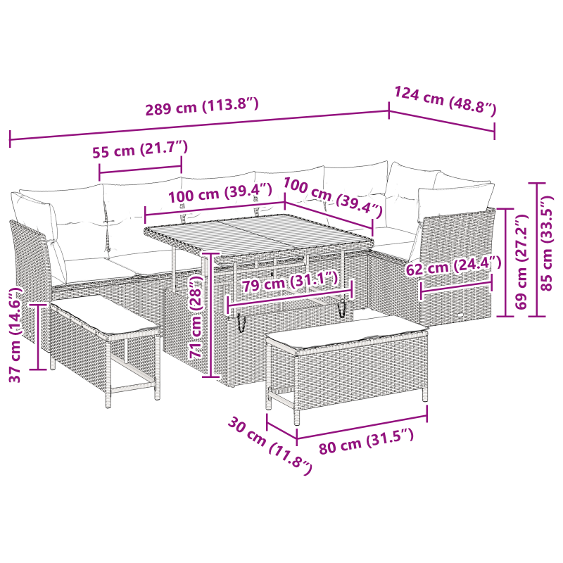 9-teiliges Gartensofa Set mit Kissen beige Poly Rattan Akazie