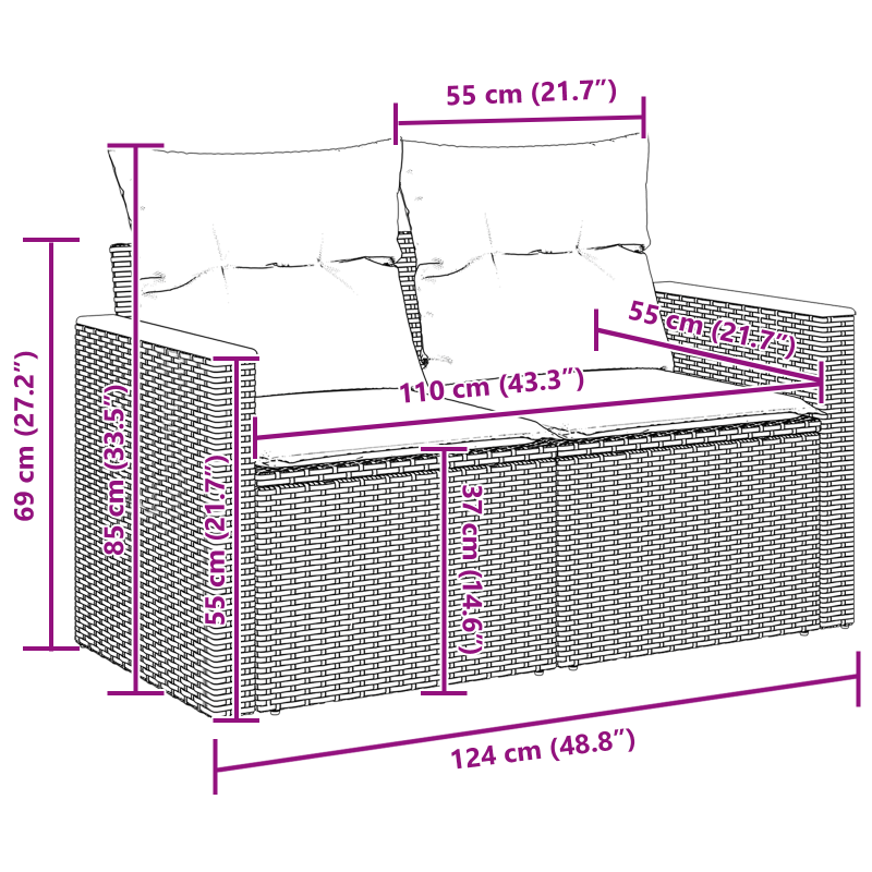 10-teiliges Garten Sofa Set mit Kissen Schwarz Poly Rattan Akazie