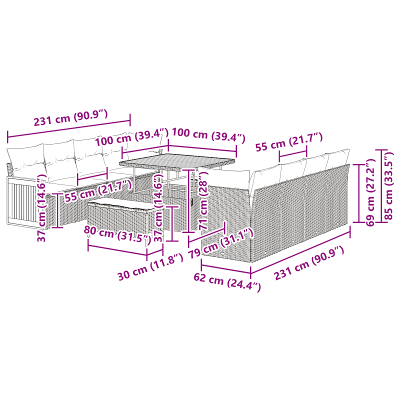 11-teilige Garten-Sofa-Set mit Kissen Beige Poly Rattan Akazie