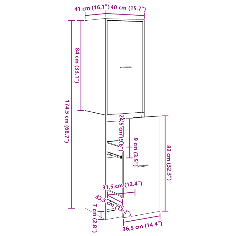 Apotheker Schrank Schwarz Eiche 40x41x174.5 cm Spanplatte