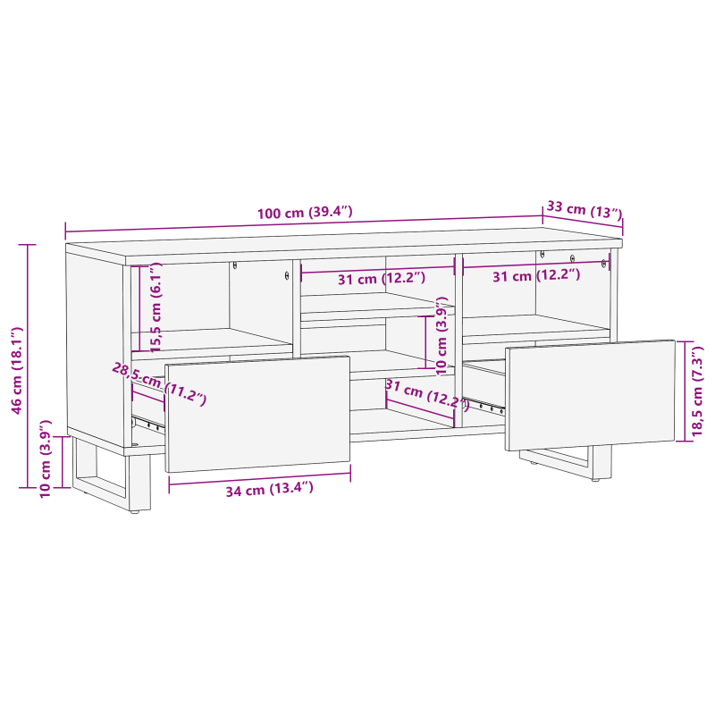 TV-Schrank 100x33.5x46 cm aus massivem Mangoholz