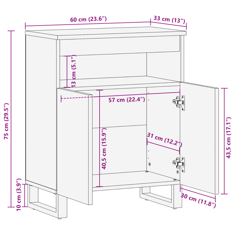 Sideboard 60x33.5x75 cm Massivholz Mango