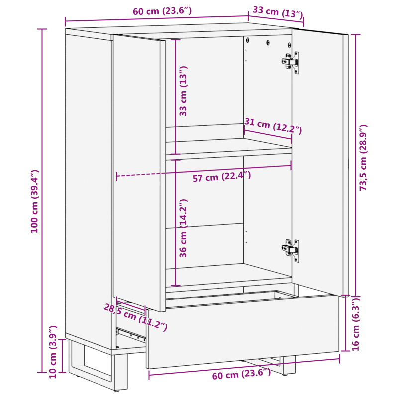 Highboard 60x33.5x100 cm Massivholz Mango