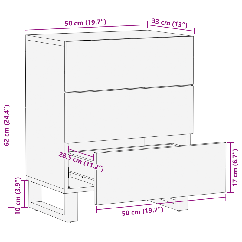 Nachttisch 50x33x60 cm aus massivem Mangoholz & engineered Wood