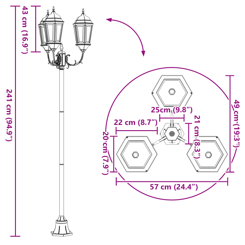 Garten Lichtmast 3-Lampe E27 Weiß 220 cm Aluminium
