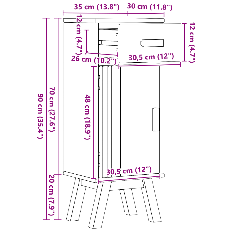 Badezimmer Aufbewahrungsschrank 35x30x90 cm aus massivem Kiefernholz