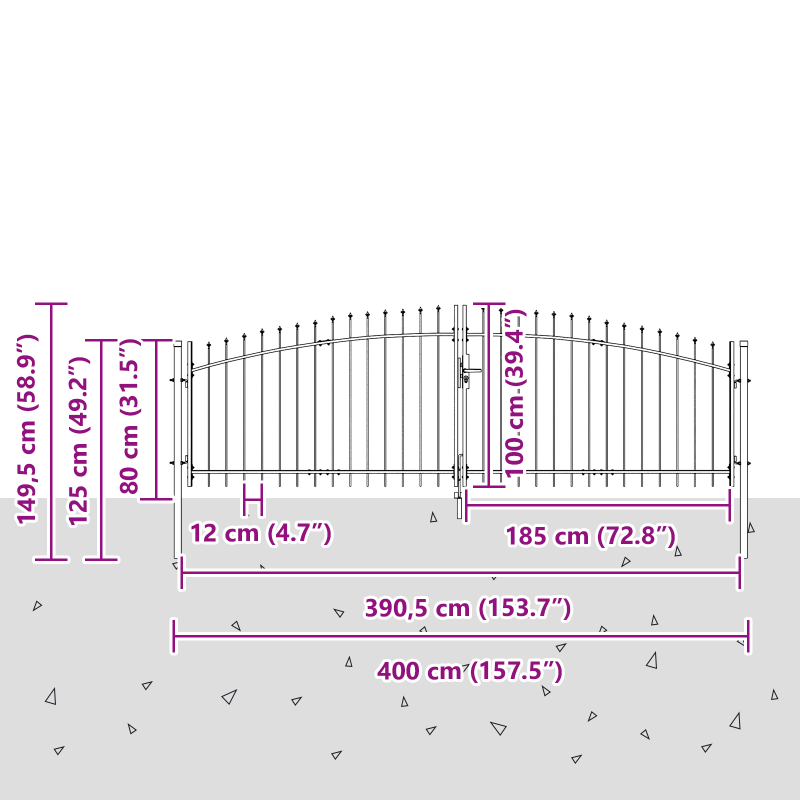 Gartentor mit Spear Top Doppelt schwenkbar Grau 100x400 cm Stahl