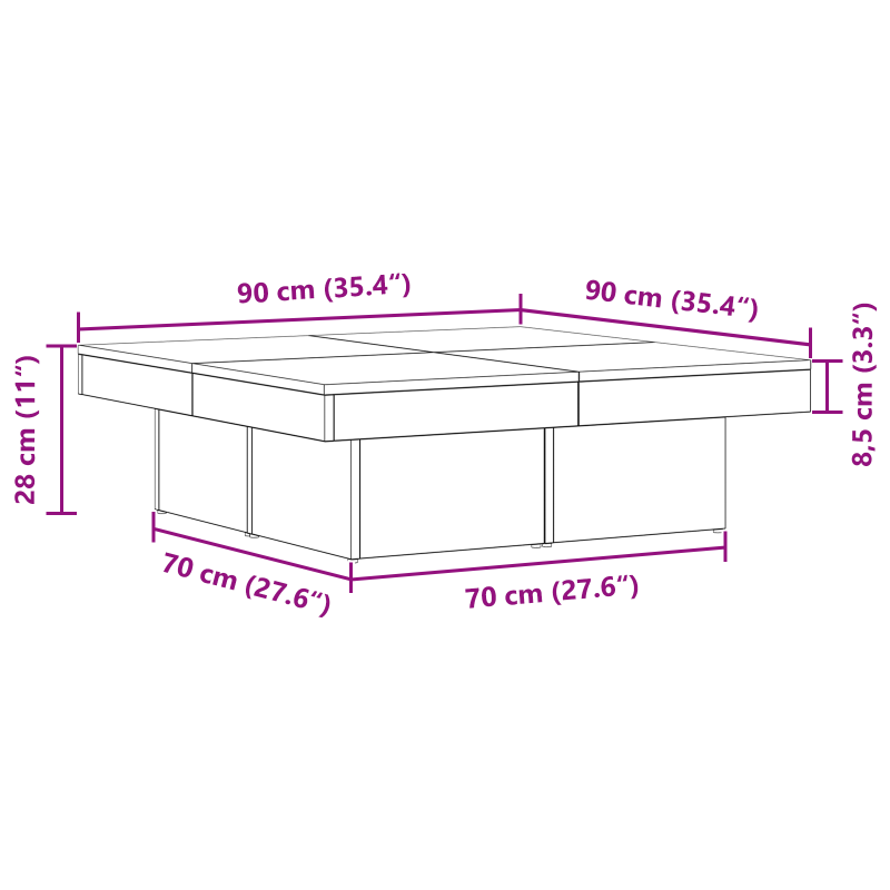 Couchtisch Schwarz Eiche 90x90x28 cm Holzwerkstoff