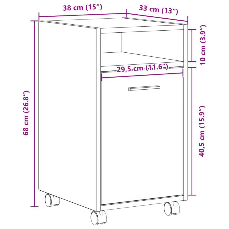 Sideboard mit Rollen aus schwarzem Eichenholz 33x38x60 cm aus Holzwerkstoff