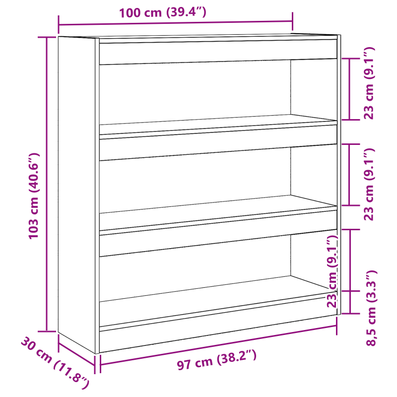 Bücherregal/Raumteiler in handwerklicher Eiche - 100x30x103cm, aus Holzwerkstoff