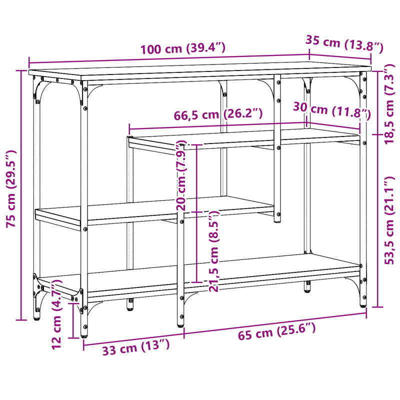 Konsolentisch Schwarzes Eichenholz 100x35x75 cm Ingenieurholz und Stahl